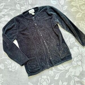 90s Black Chenille Floral Cardigan Embroidred Beaded Small Medium
